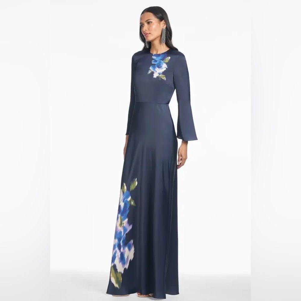 Sachin & Babi Alex Gown in Midnight Corsage Navy Blue Floral Satin Dress Size 14 - Picture 8 of 17